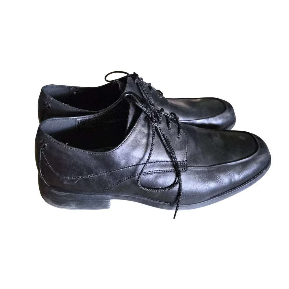 Hush‎ Puppies Mens Black Leather Derby Dress Shoes Square Toe Lace Up GUC 13 EW